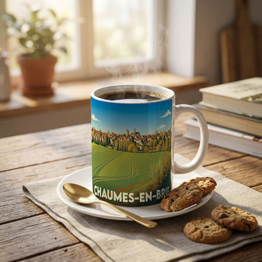 Mug souvenir de la ville de Chaumes-en-Brie avec une illustration stylisée d'un paysage de campagne.