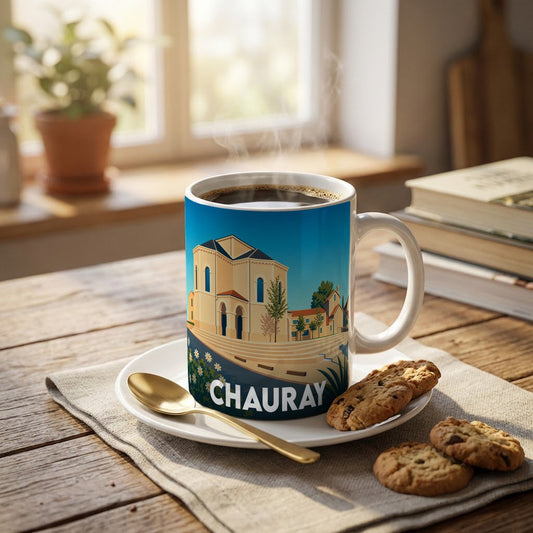 Mug souvenir de la ville de Chauray avec une illustration stylisée et colorée du patrimoine local.