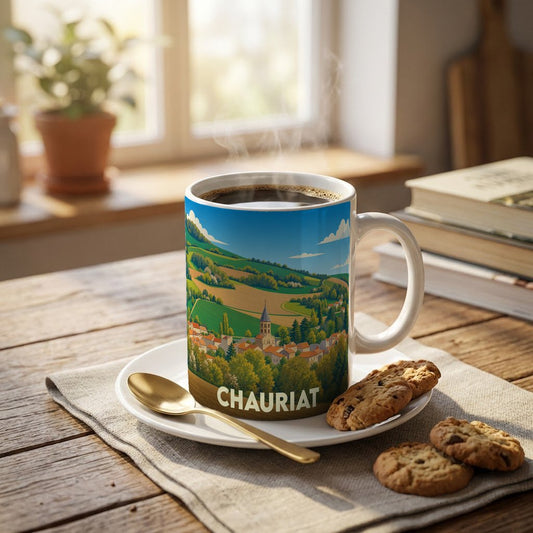 Mug souvenir de la ville de Chauriat orné d'une illustration paysagère stylisée.