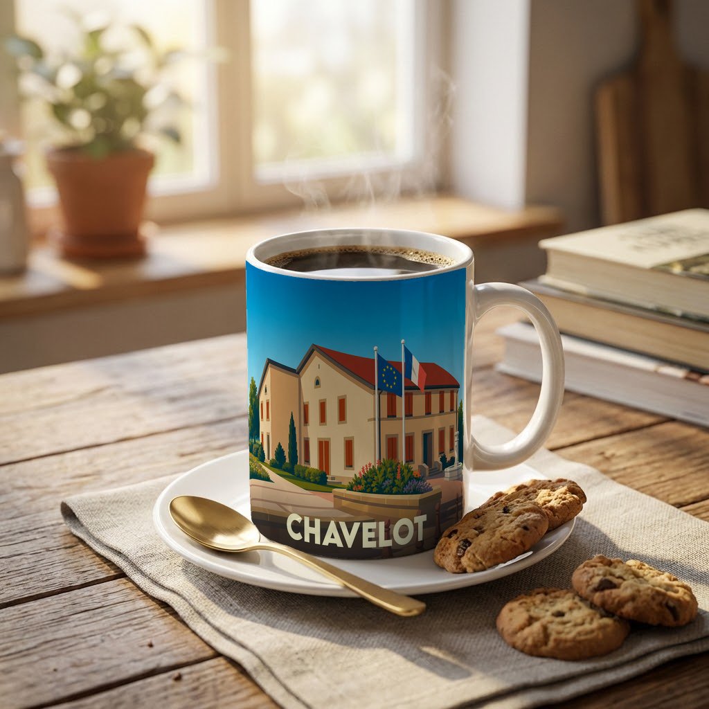 Mug souvenir de la ville de Chavelot avec une illustration stylisée.