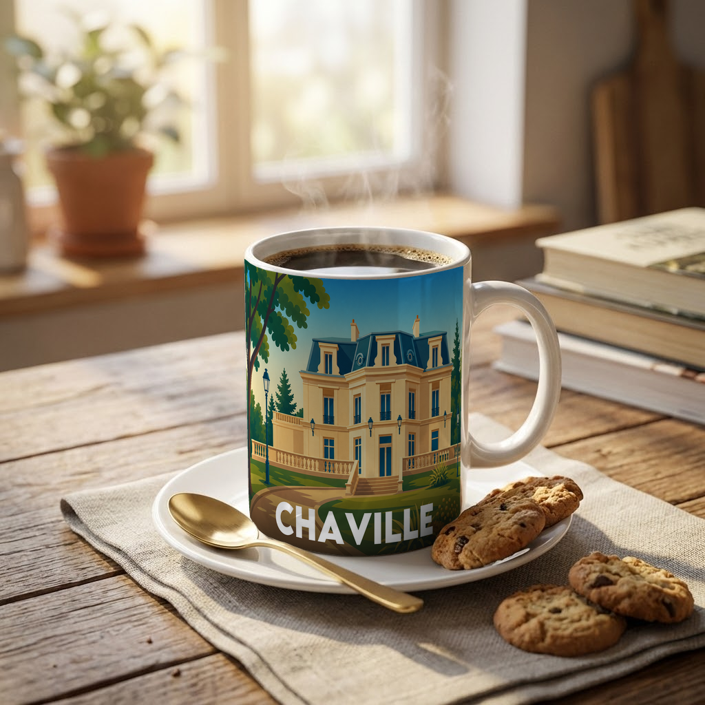 Mug souvenir de la ville de Chaville avec une illustration stylisée.