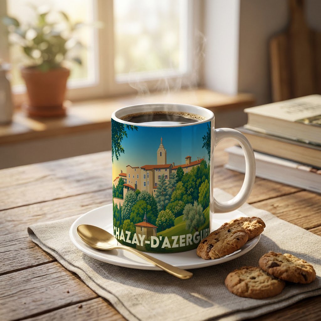 Mug souvenir de la ville de Chazay-d'Azergues orné d'une illustration stylisée de son village médiéval.