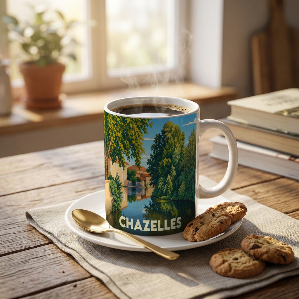 Mug souvenir de la ville de Chazelles orné d'une illustration paysagère stylisée.