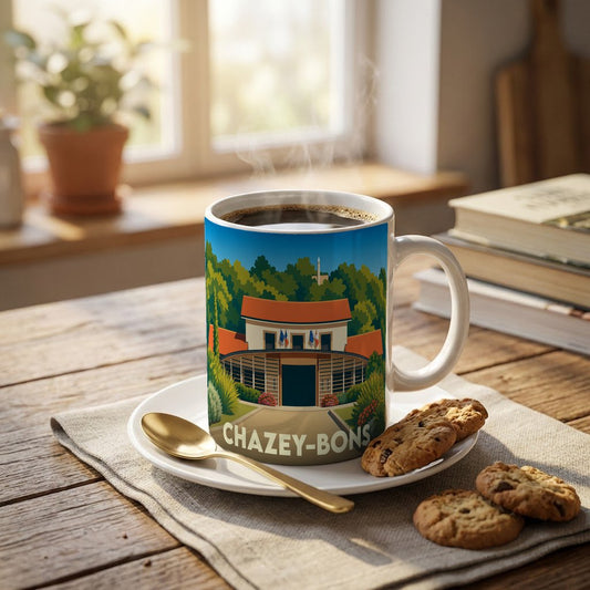 Mug souvenir de la ville de Chazey-Bons avec une illustration stylisée.
