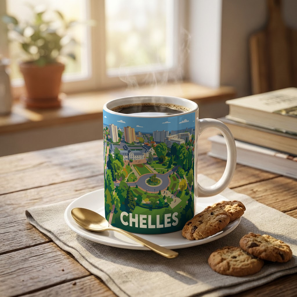 Mug souvenir de la ville de Chelles avec une illustration stylisée.