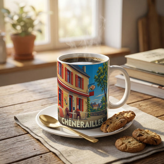 Mug souvenir de la ville de Chénérailles avec une illustration stylisée d'une terrasse de café.