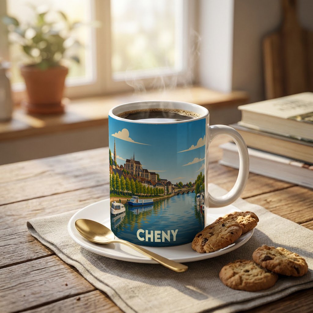 Mug souvenir de la ville de Cheny orné d'une illustration stylisée de son paysage fluvial.