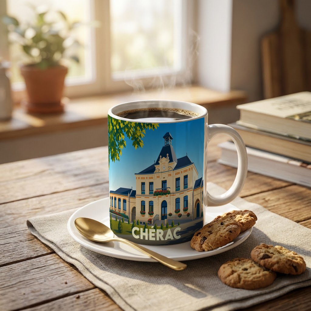 Mug souvenir de la ville de Chérac avec une illustration stylisée de sa mairie sur une table en bois.