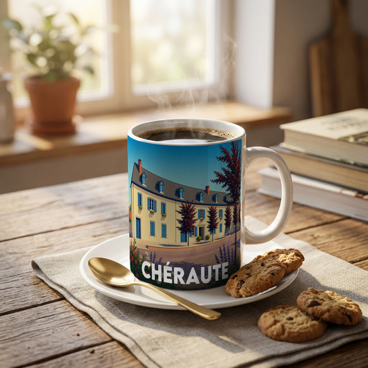 Mug souvenir de la ville de Chéraute avec une illustration stylisée.
