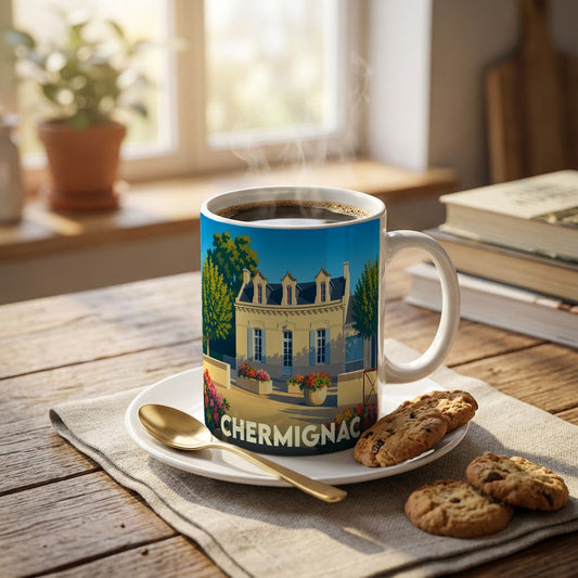 Mug souvenir de la ville de Chermignac illustré d'un bâtiment typique sous un ciel bleu.