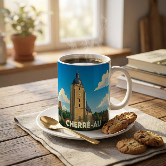 Mug souvenir de la ville de Cherré-Au avec une illustration stylisée de son église.