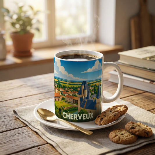 Mug souvenir de la ville de Cherveux avec une illustration stylisée d'un château et de paysages.