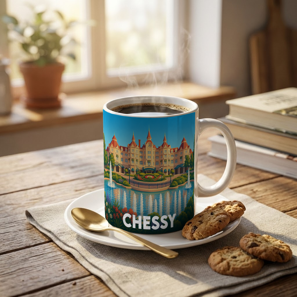 Mug souvenir de la ville de Chessy avec une illustration stylisée de l'hôtel Disneyland et ses fontaines.