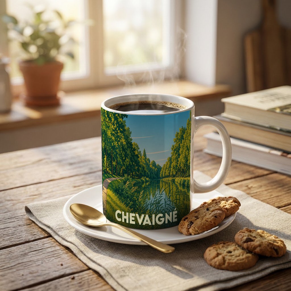 Mug souvenir de la ville de Chevaigné illustré d'un paysage verdoyant au bord de l'eau.
