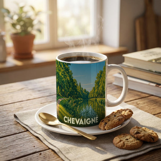 Mug souvenir de la ville de Chevaigné illustré d'un paysage verdoyant au bord de l'eau.