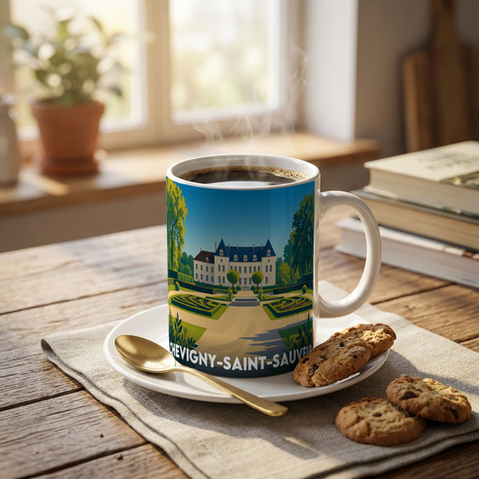 Mug souvenir de la ville de Chevigny-Saint-Sauveur avec une illustration stylisée de son château et de ses jardins.