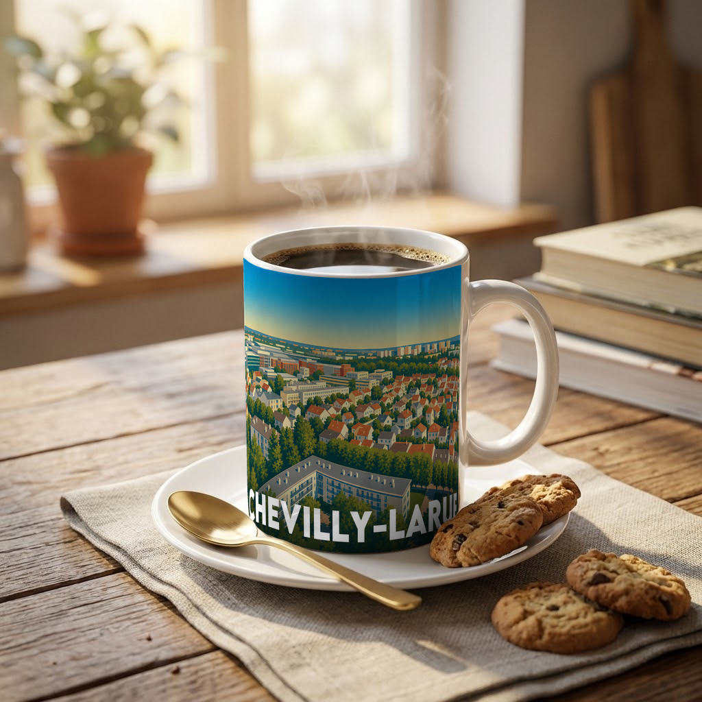 Mug souvenir de la ville de Chevilly-Larue avec une illustration panoramique stylisée.