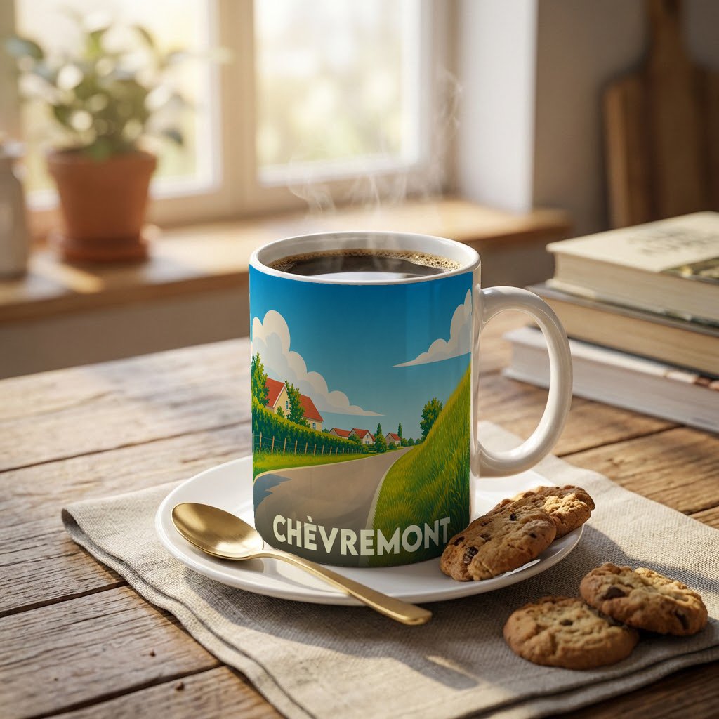 Mug souvenir de la ville de Chèvremont avec une illustration stylisée de paysage vallonné.