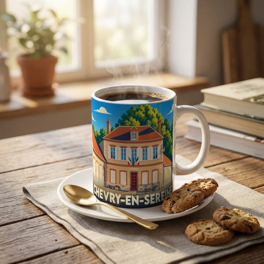 Mug souvenir de la ville de Chevry-en-Sereine orné d'une illustration stylisée de sa mairie.