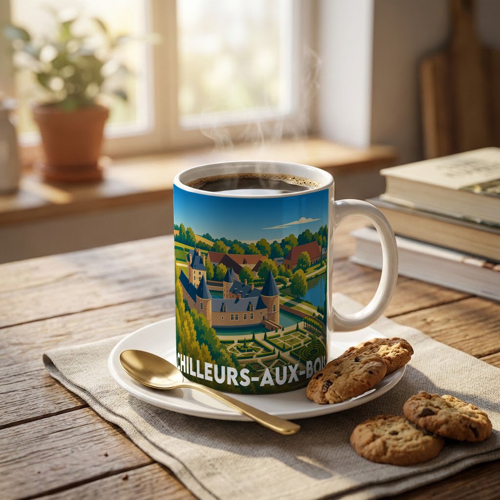 Mug souvenir de la ville de Chilleurs-aux-Bois avec une illustration stylisée.