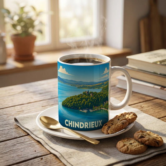 Mug souvenir de la ville de Chindrieux avec une illustration stylisée d'un paysage de lac et de montagnes.