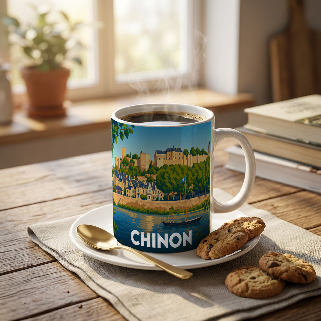 Mug souvenir de la ville de Chinon illustré par un paysage stylisé au bord de l'eau.