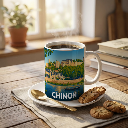 Mug souvenir de la ville de Chinon illustré par un paysage stylisé au bord de l'eau.