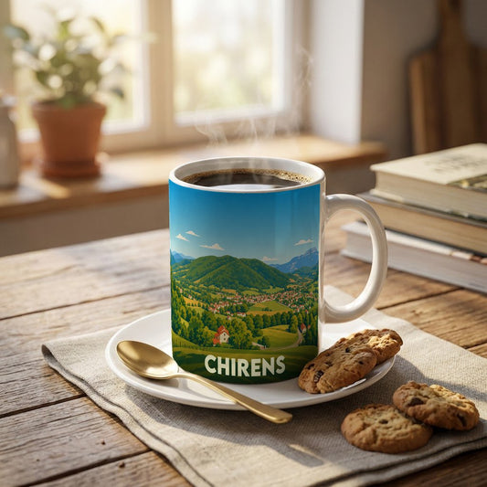 Mug souvenir de la ville de Chirens orné d'une illustration paysagère stylisée.