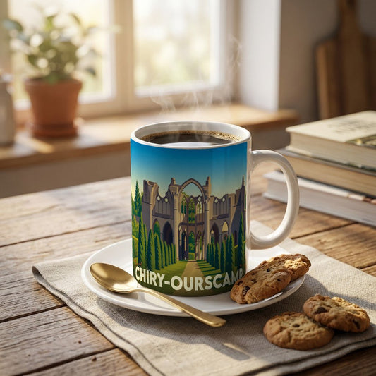 Mug souvenir de la ville de Chiry-Ourscamp illustré d'une abbaye stylisée, posé sur une table en bois à côté de biscuits.