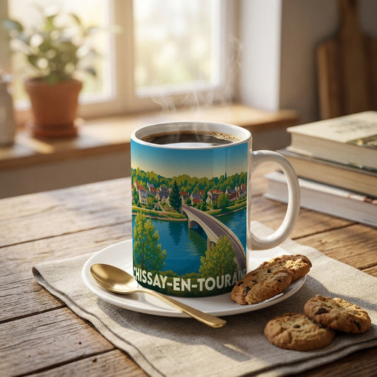 Mug souvenir de la ville de Chissay-en-Touraine illustré d'un paysage de bord de rivière avec son pont.