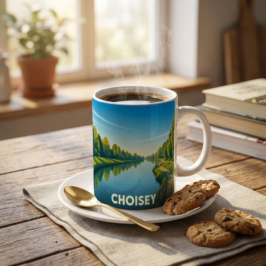Mug souvenir de la ville de Choisey illustré par un paysage de rivière paisible.