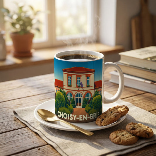 Mug souvenir de la ville de Choisy-en-Brie avec une illustration stylisée de son hôtel de ville.