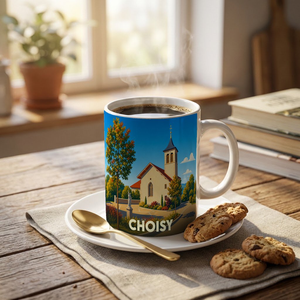 Mug souvenir de la ville de Choisy orné d'une illustration stylisée représentant son église sous un ciel bleu.