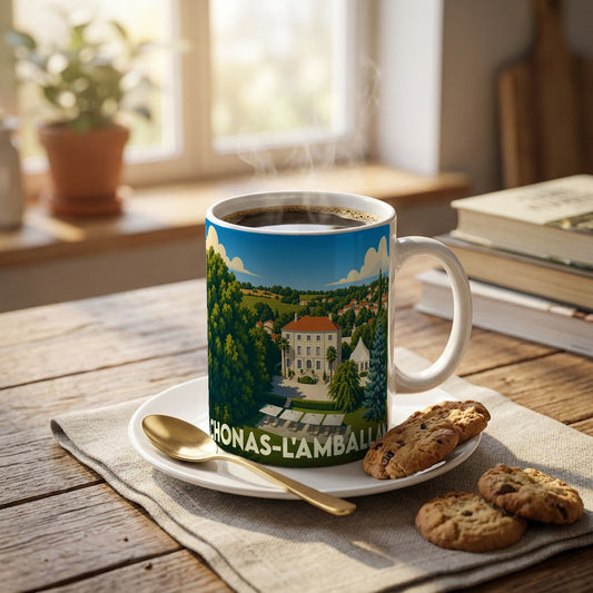 Mug souvenir de la ville de Chonas-l'Amballan orné d'une illustration stylisée de son paysage et de son patrimoine.