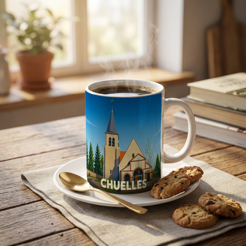Mug souvenir de la ville de Chuelles orné d'une illustration stylisée de son église.