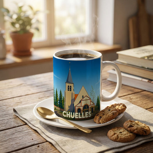 Mug souvenir de la ville de Chuelles orné d'une illustration stylisée de son église.