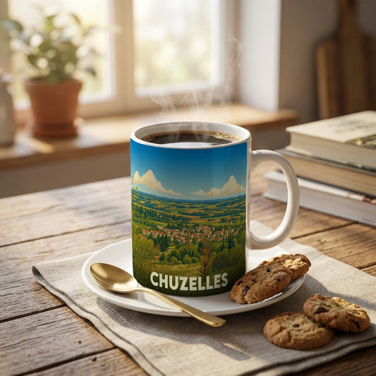 Mug souvenir de la ville de Chuzelles avec une illustration stylisée d'un paysage vallonné.