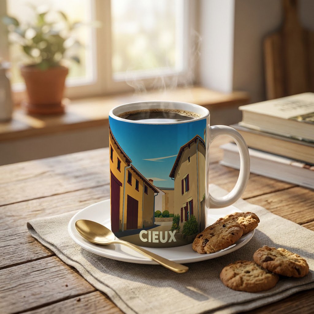Mug souvenir de la ville de Cieux illustré d'un paysage urbain stylisé.