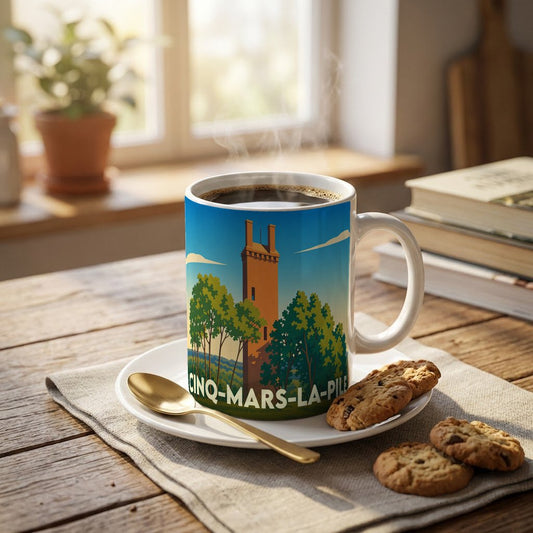 Mug souvenir de la ville de Cinq-Mars-la-Pile orné d'une illustration stylisée de sa célèbre pile gallo-romaine.