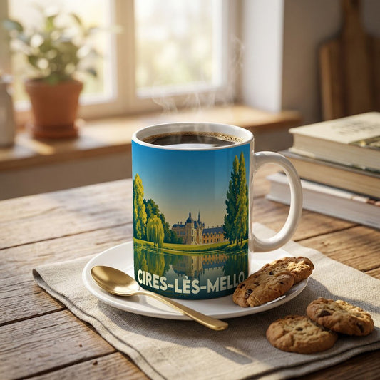Mug souvenir de la ville de Cires-lès-Mello avec une illustration stylisée d'un château se reflétant dans l'eau.