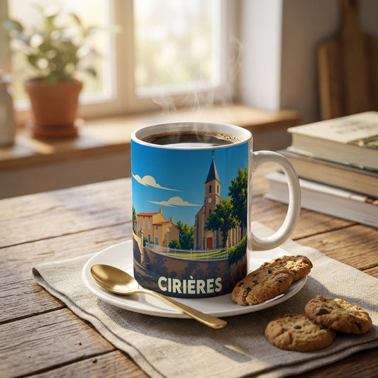 Mug souvenir de la ville de Cirières illustré par un paysage urbain stylisé.