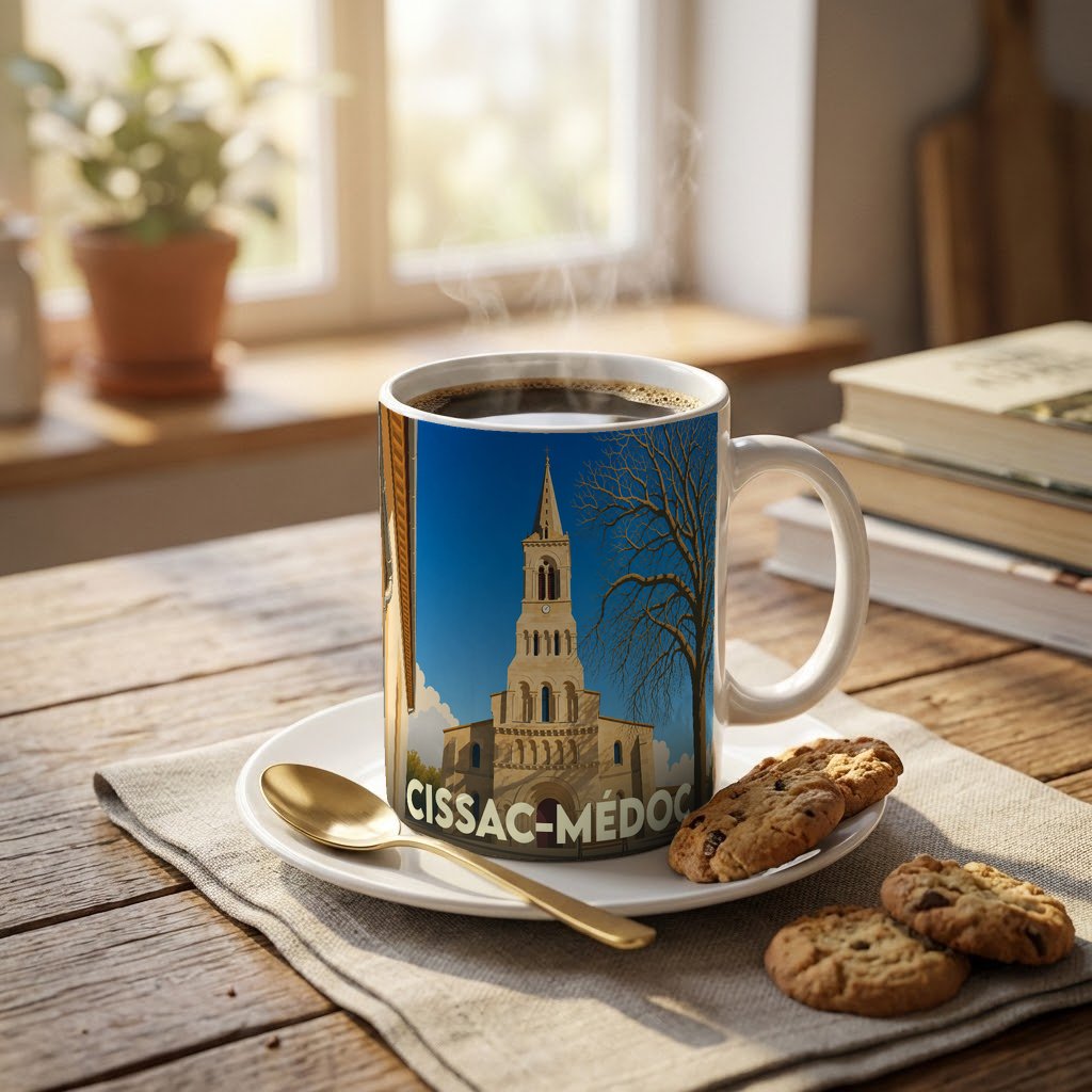 Mug souvenir de la ville de Cissac-Médoc avec une illustration stylisée de son église.