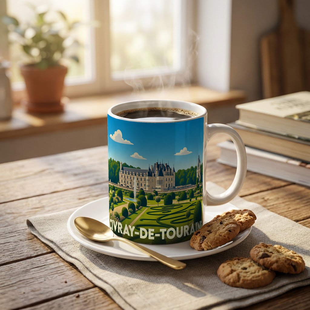 Mug souvenir de la ville de Civray-de-Touraine illustré d'un château et de jardins.