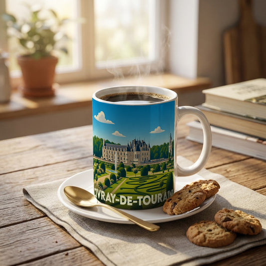 Mug souvenir de la ville de Civray-de-Touraine illustré d'un château et de jardins.