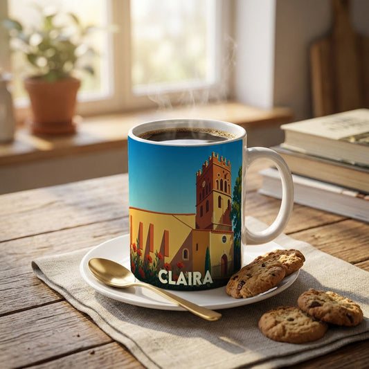 Mug souvenir de la ville de Claira avec une illustration stylisée d'une église sous un ciel bleu.