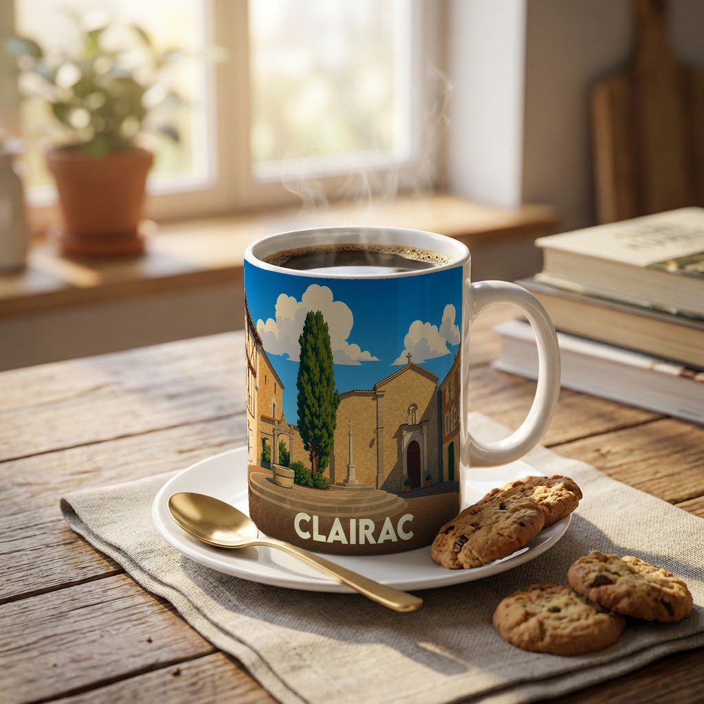 Mug souvenir de la ville de Clairac orné d'une illustration stylisée de son architecture traditionnelle.