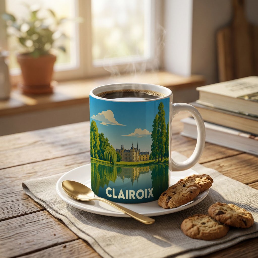 Mug souvenir de la ville de Clairoix avec une illustration stylisée représentant un château au bord de l'eau.