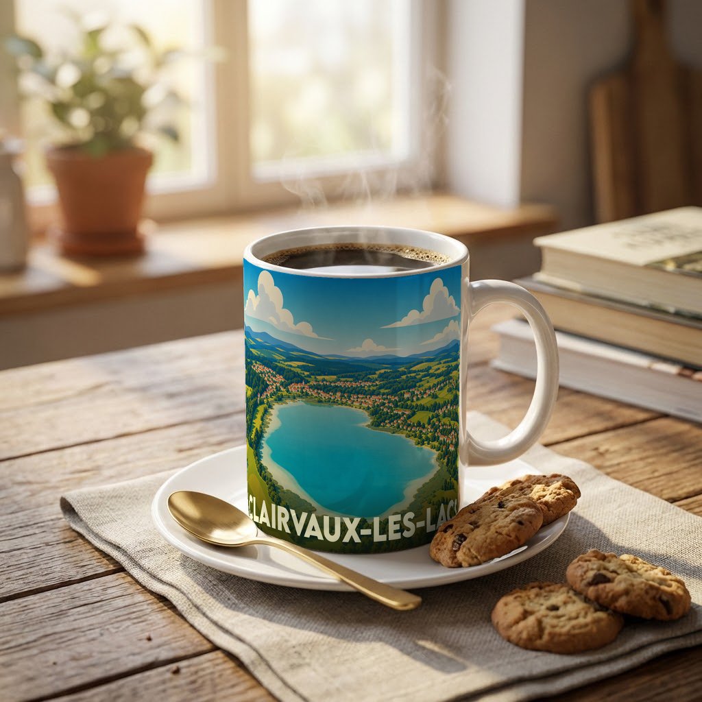 Mug souvenir de la ville de Clairvaux-les-Lacs avec une illustration stylisée d'un lac de montagne.