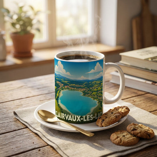 Mug souvenir de la ville de Clairvaux-les-Lacs avec une illustration stylisée d'un lac de montagne.