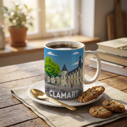 Mug souvenir de la ville de Clamart avec une illustration stylisée.
